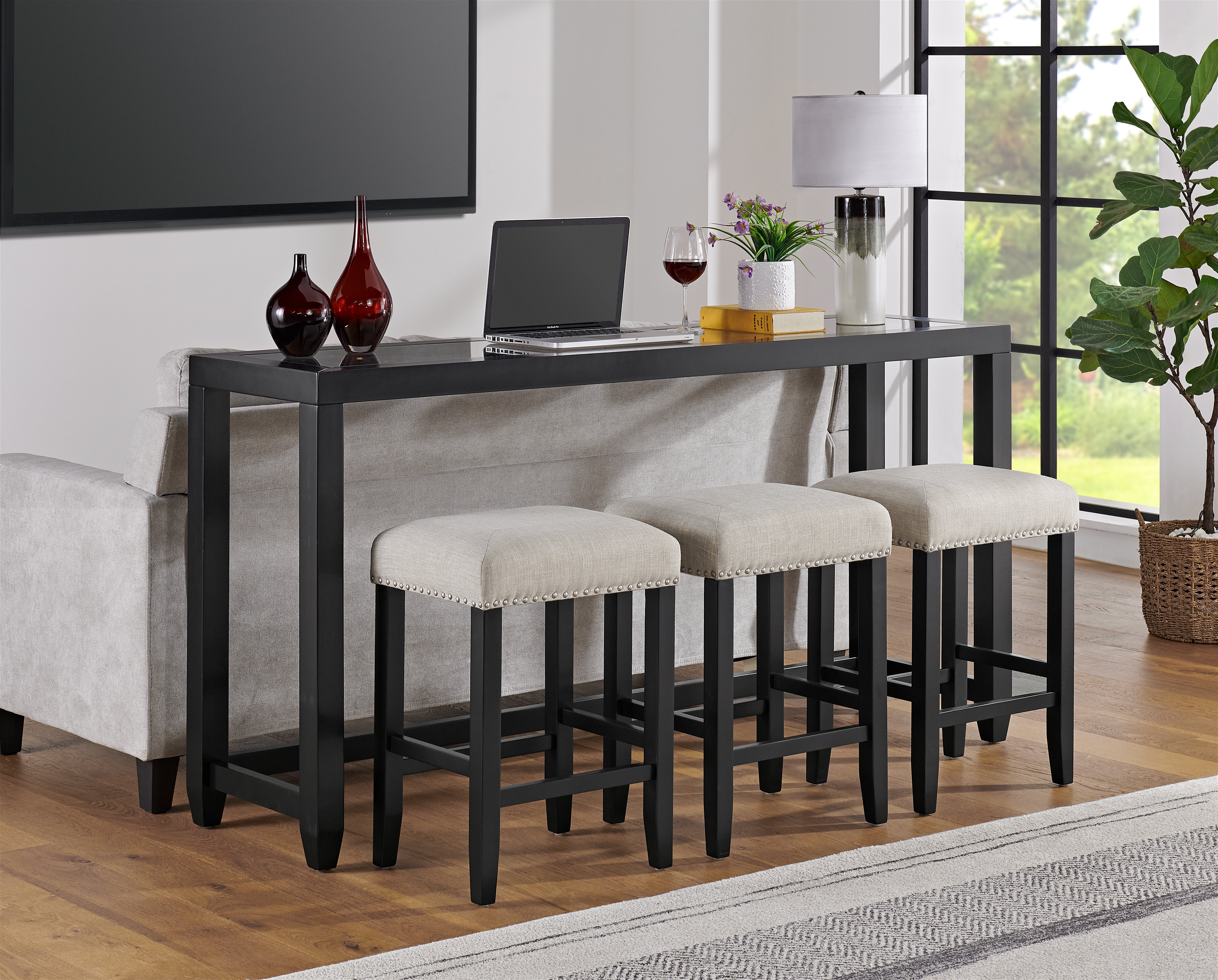 Console Table Set Glass Top Nailhead Trim Sofa Back Table