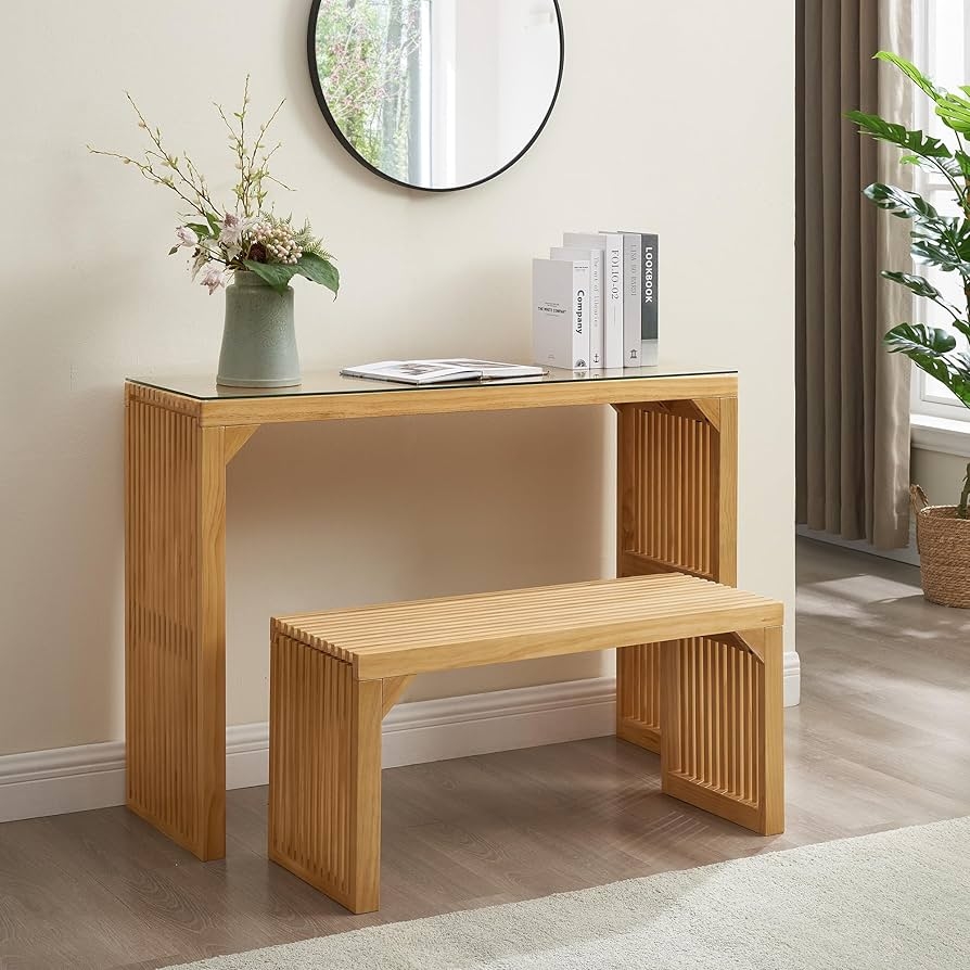 Console Table Set With Slatted Panels And Glass Top Inset