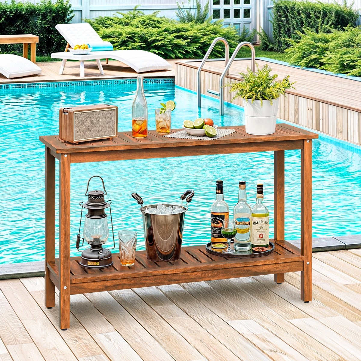 Console Table Slatted Shelves Outdoor Ready Poolside Buffet Bar