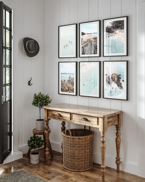 Console Table Turned Spindle Legs and Coastal Gallery Wall