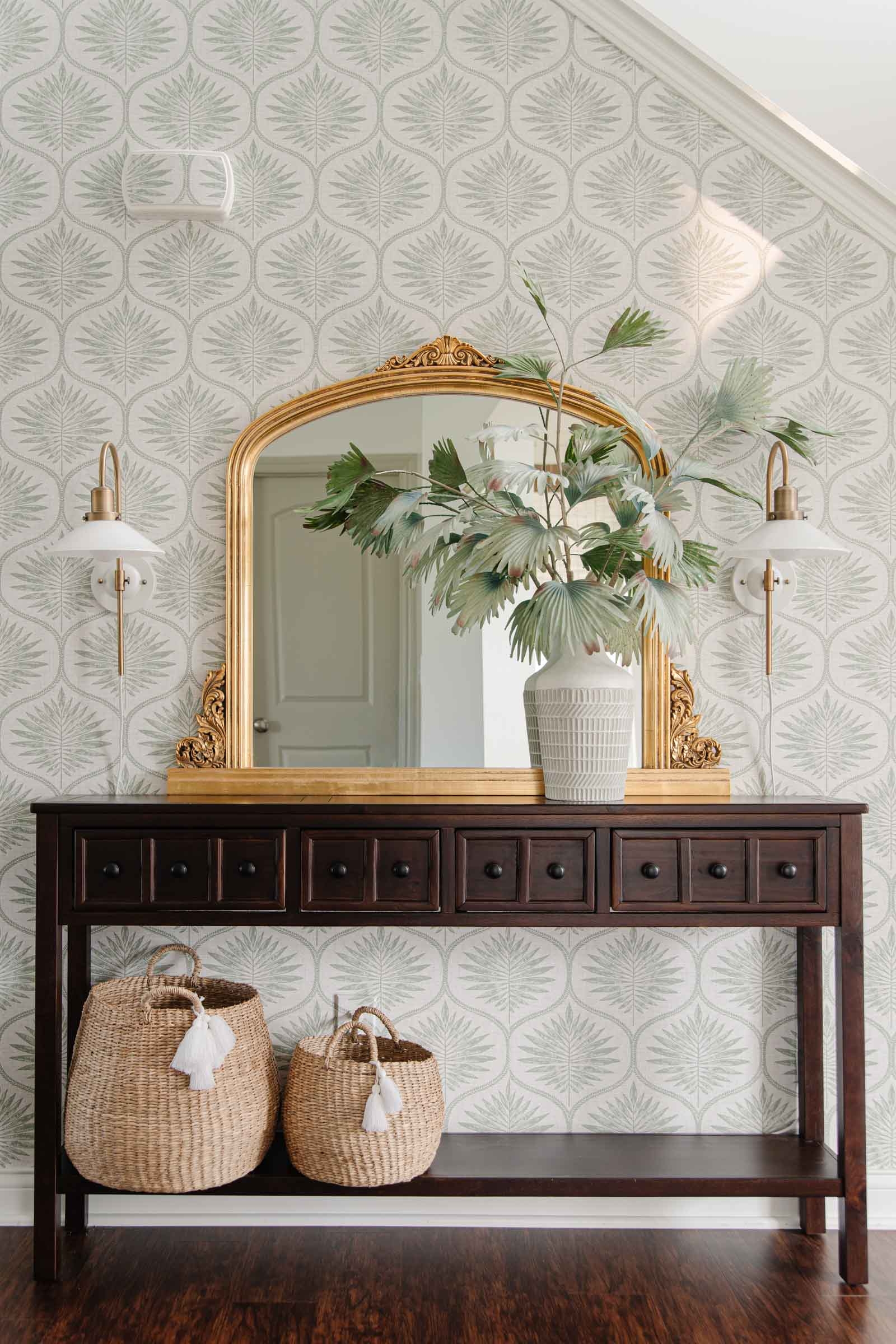 Console Table with Botanical Wallpaper and Arched Gold Mirror Styling