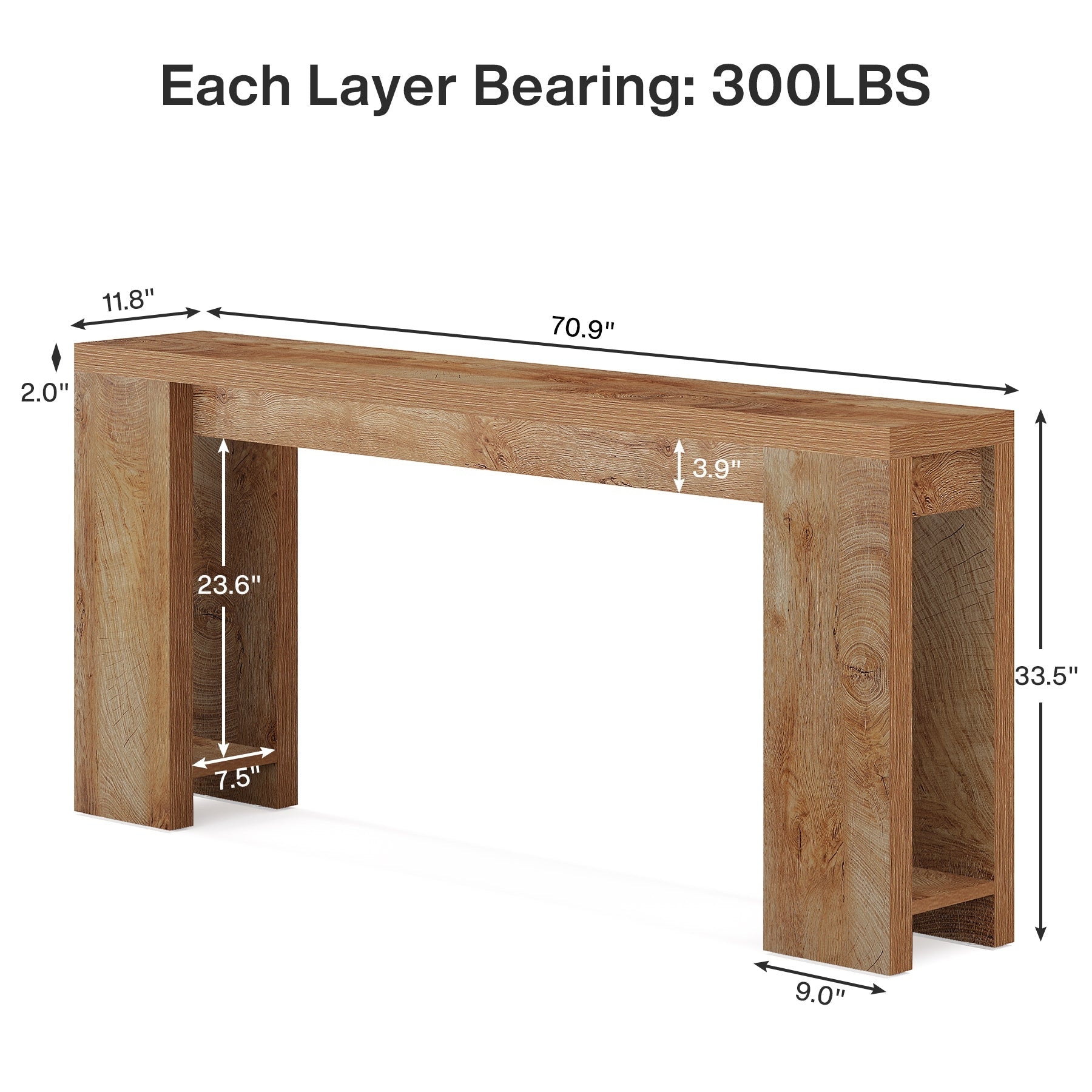 Console Table with Integrated Side Shelves and 70 Inch Top