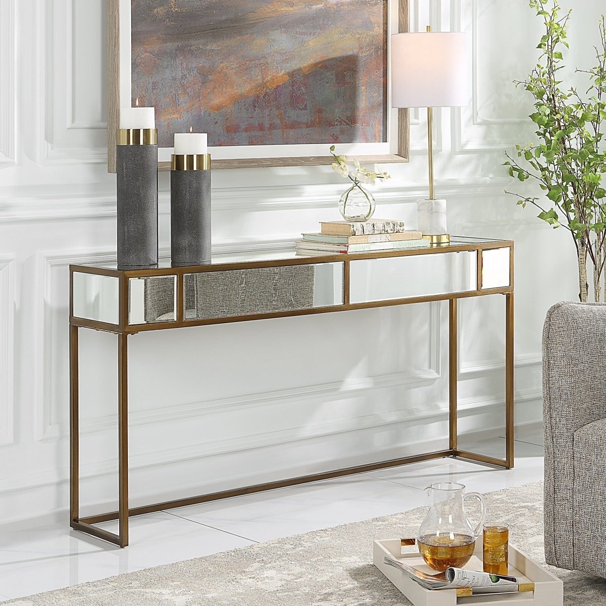 Console Table with Mirrored Panels and Champagne Gold Frame