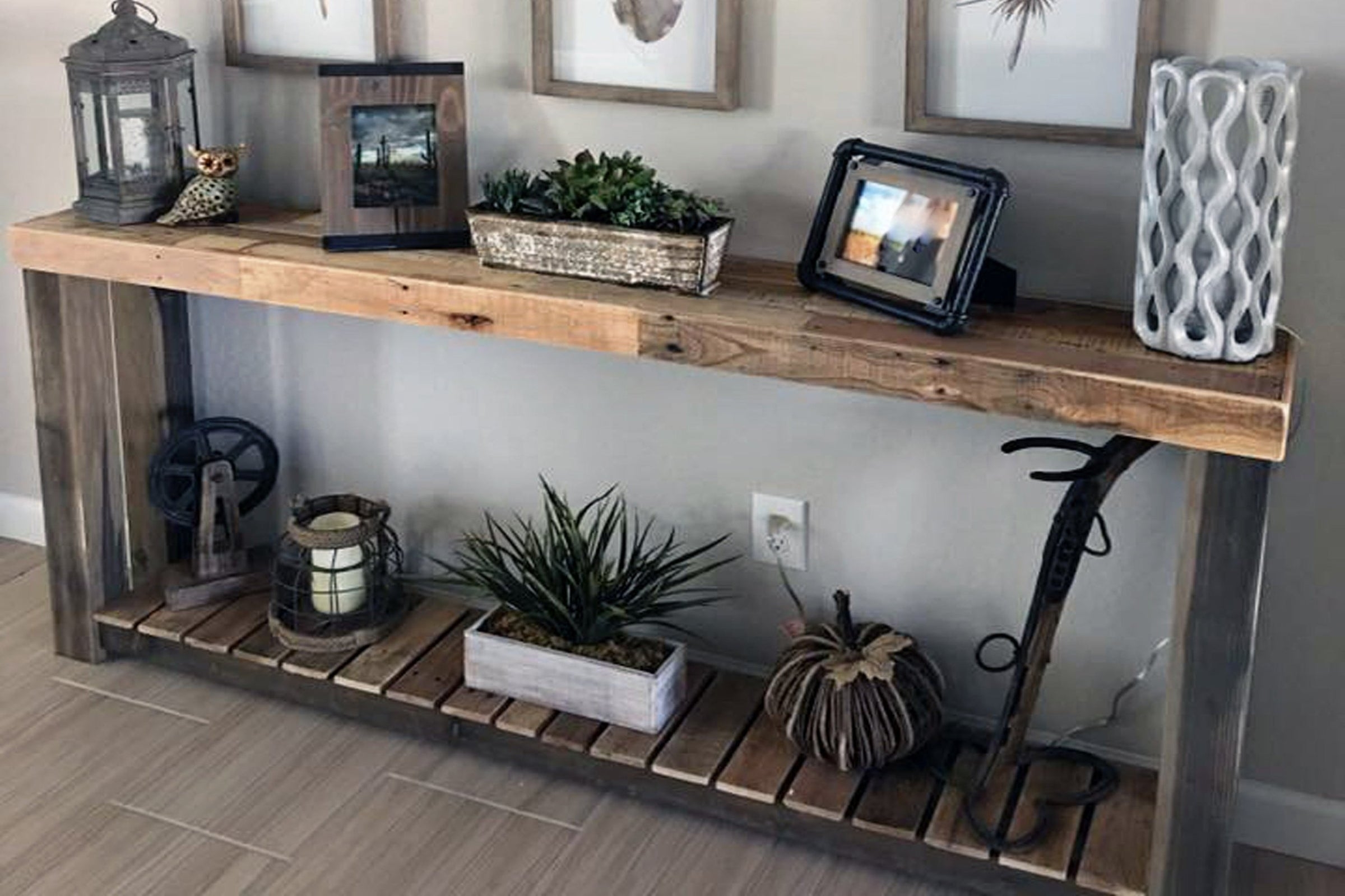 Console Table with Slatted Lower Shelf and Planked Top