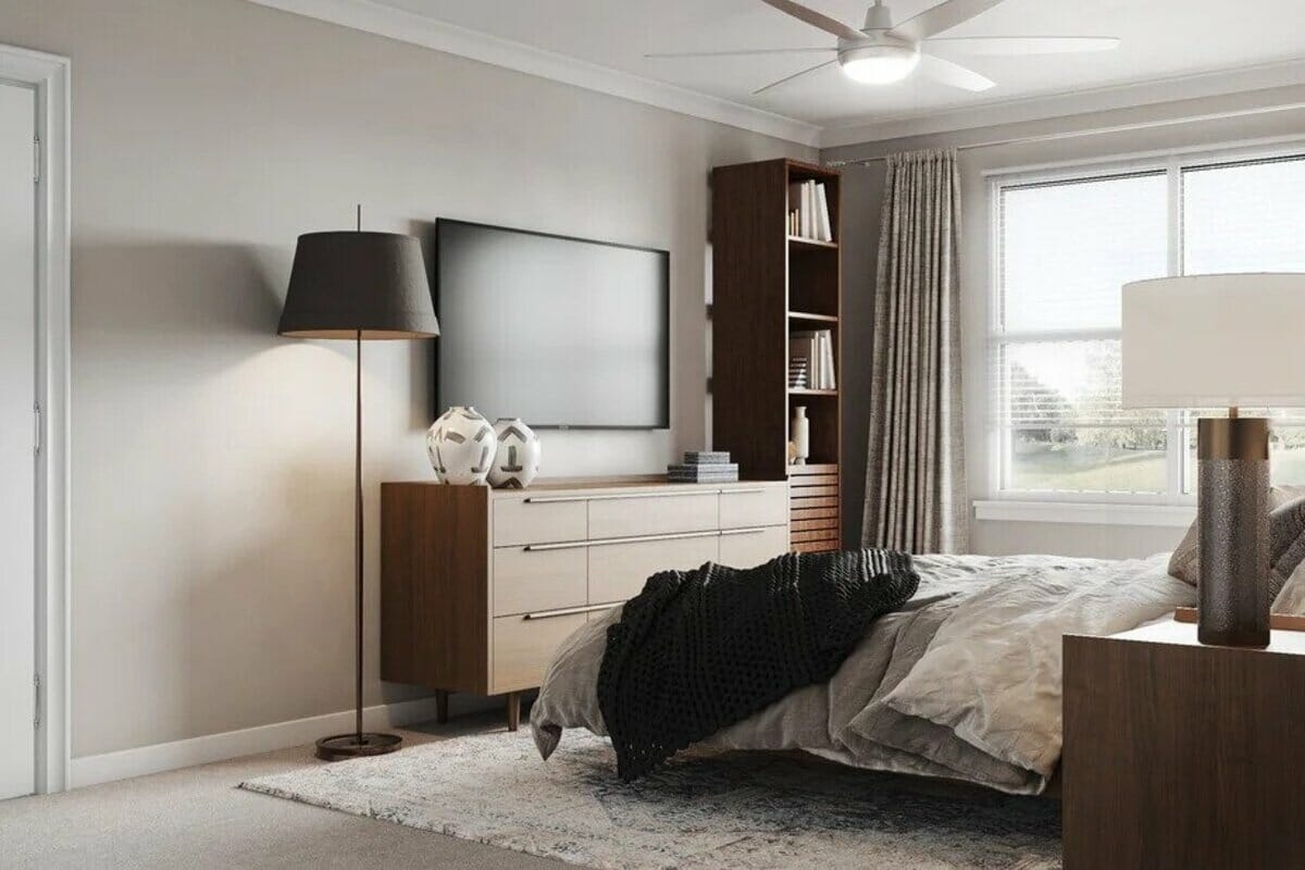 Contemporary Bedroom: Mixed Wood Tone Dresser and Chunky Knit