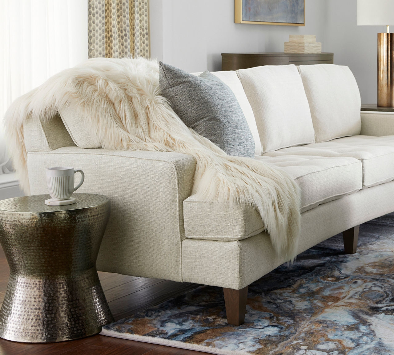 Conversation Sofa 103 Inch: Tufted Bench Seat in Natural Fabric