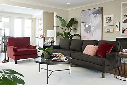 Conversation Sofa: Charcoal Grey Tufted Sofa with Four Cushions