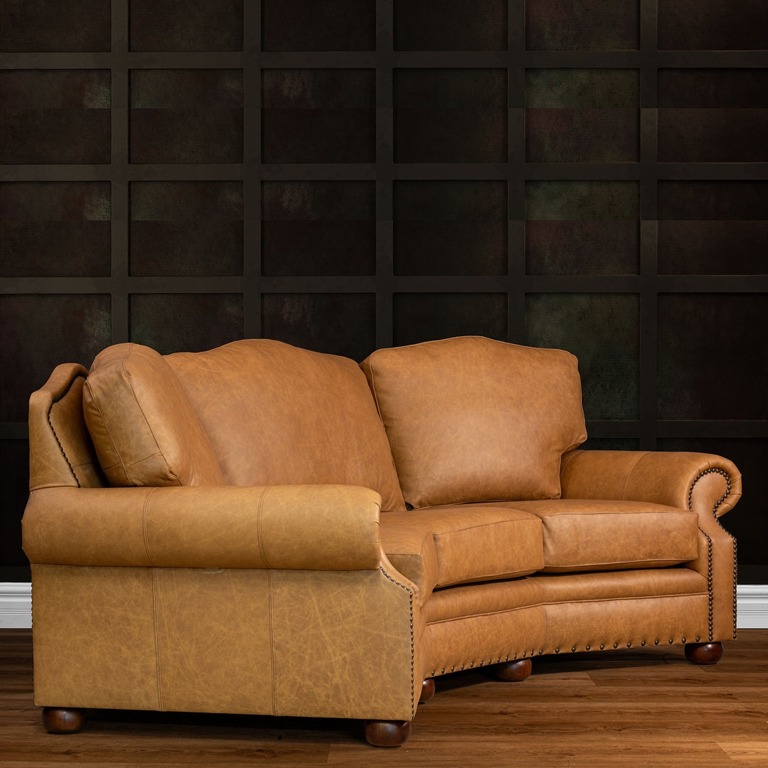 Conversation Sofa in Curved Crescent Shape: Distressed Tan Sofa