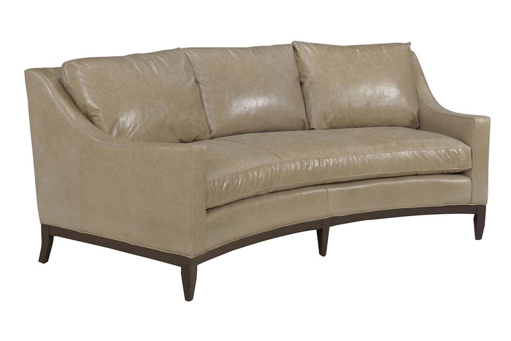 Conversation Sofa: Taupe Leather-Like Couch with Exposed Wood Base
