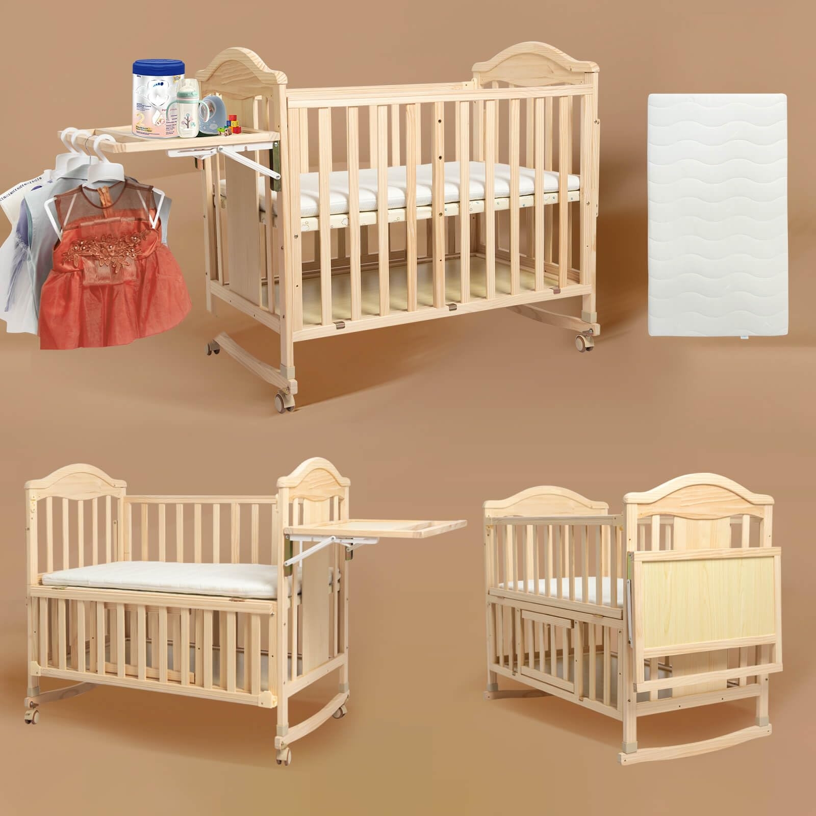 Convertible Baby Crib Natural Wood with Rocking Base