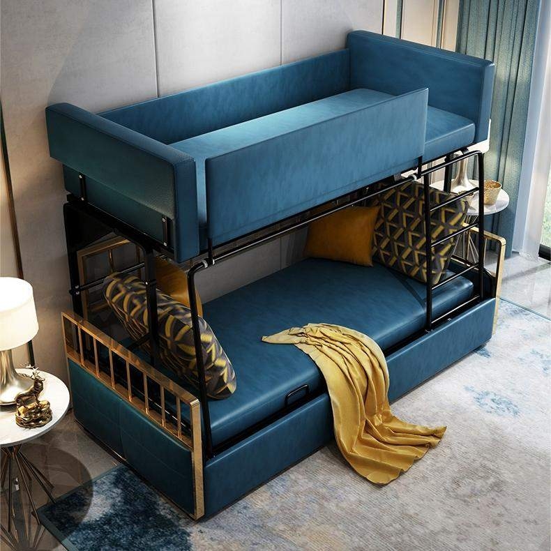 Convertible Bunk Bed Sofa Petrol Blue Upholstery Gold Accents