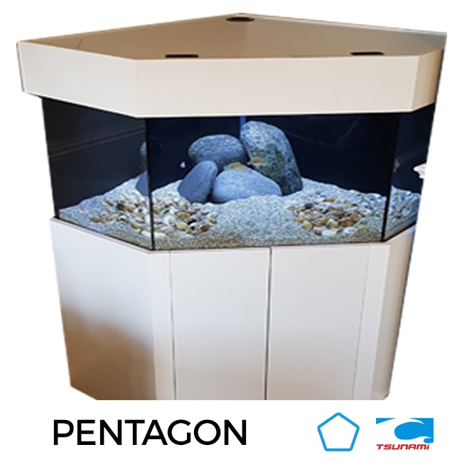 Corner Aquarium White Pentagon Shape Integrated Cabinetry