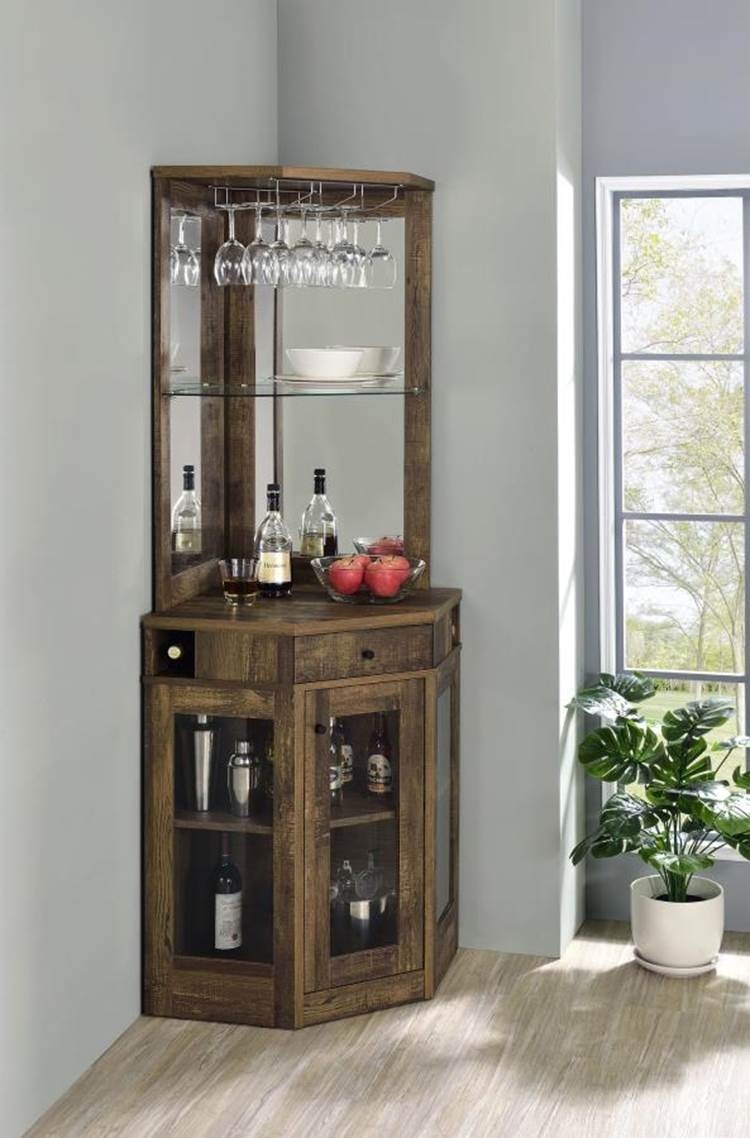 Corner Bar Cabinet Mirrored Back Rustic Oak Wine Station