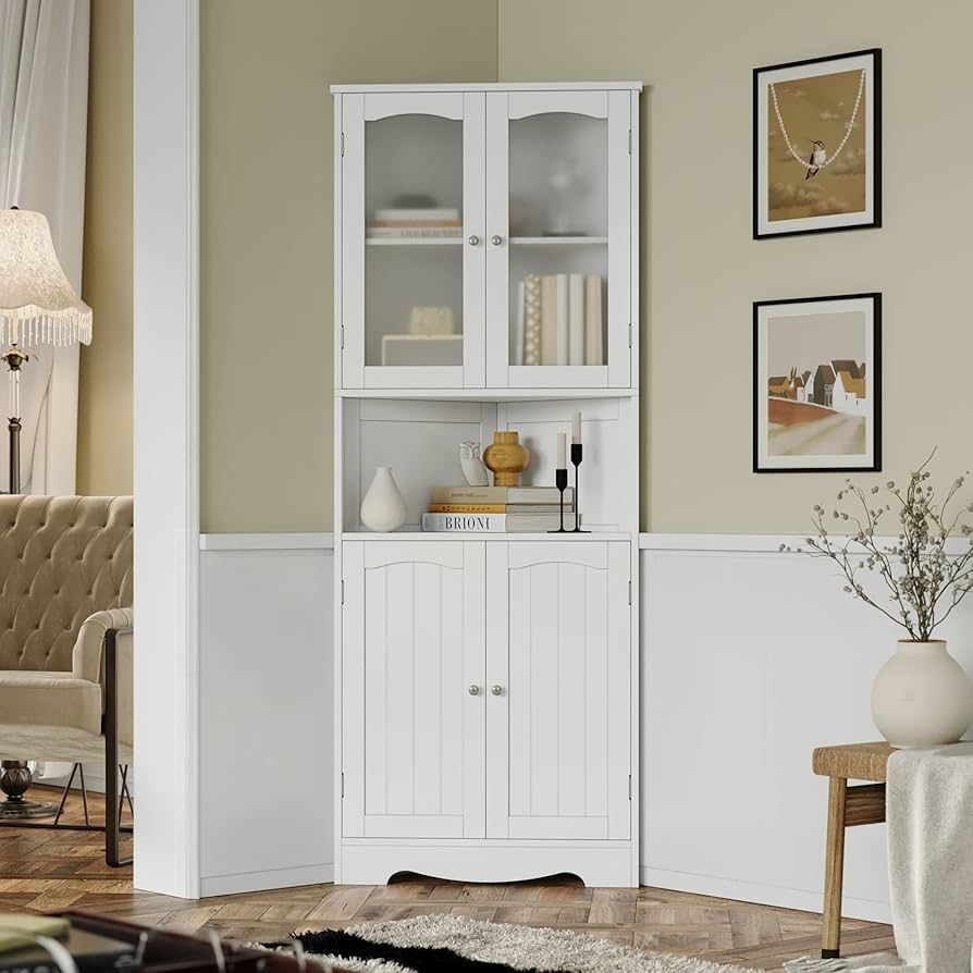Corner Buffet with Arched Glass Doors and Beadboard Detail