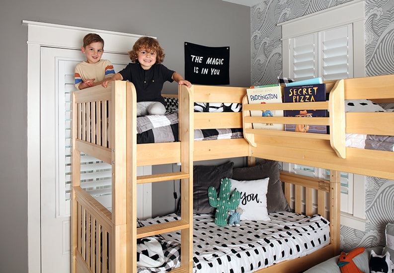 Corner Bunk Bed L-Shaped Layout with Triple Bunk Wood