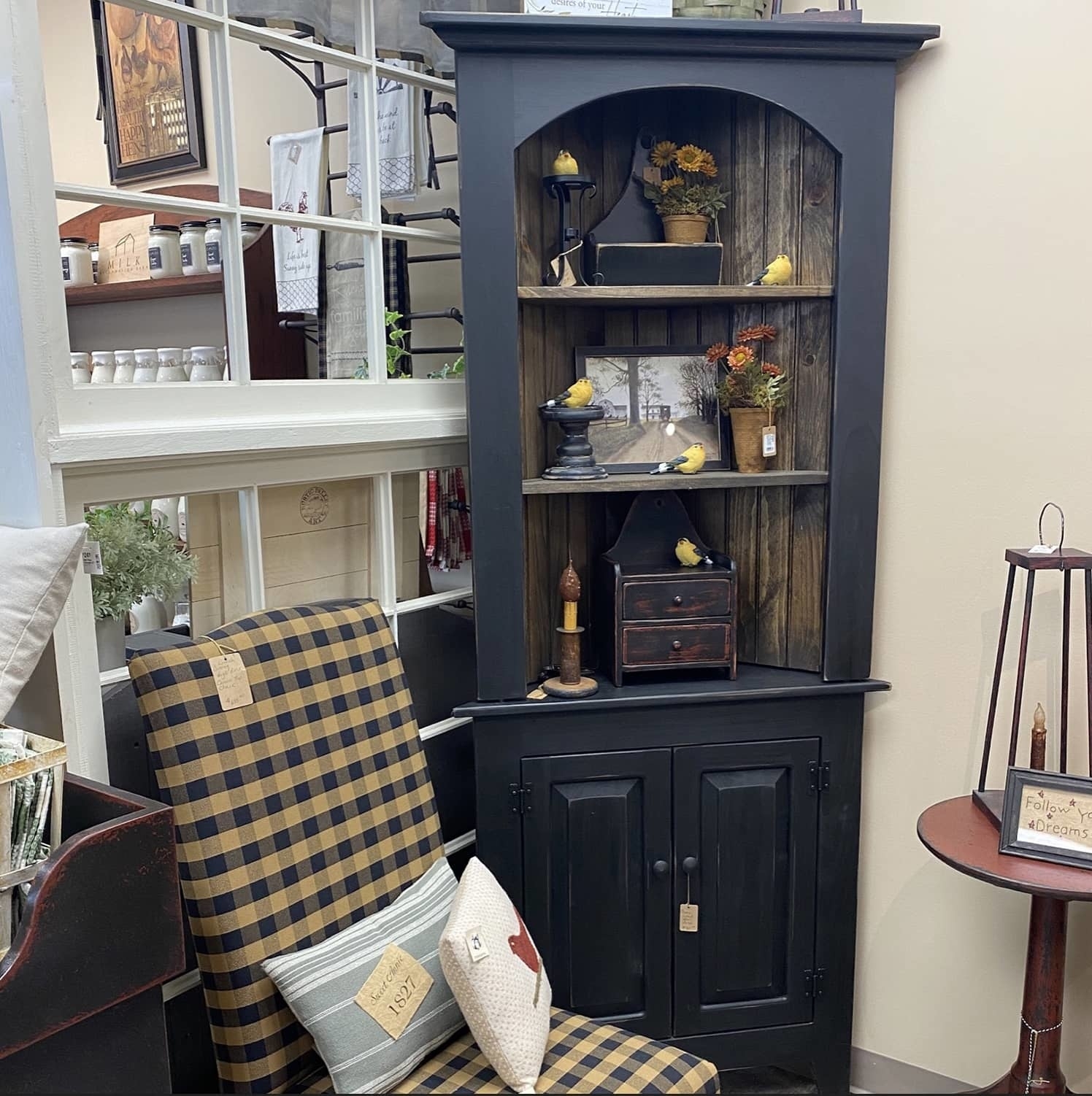 Corner Cabinet Matte Black Arched Top Vertical Plank Backing