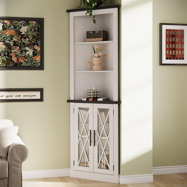 Corner Cabinet Modern Farmhouse Storage Unit X-frame Glass Doors