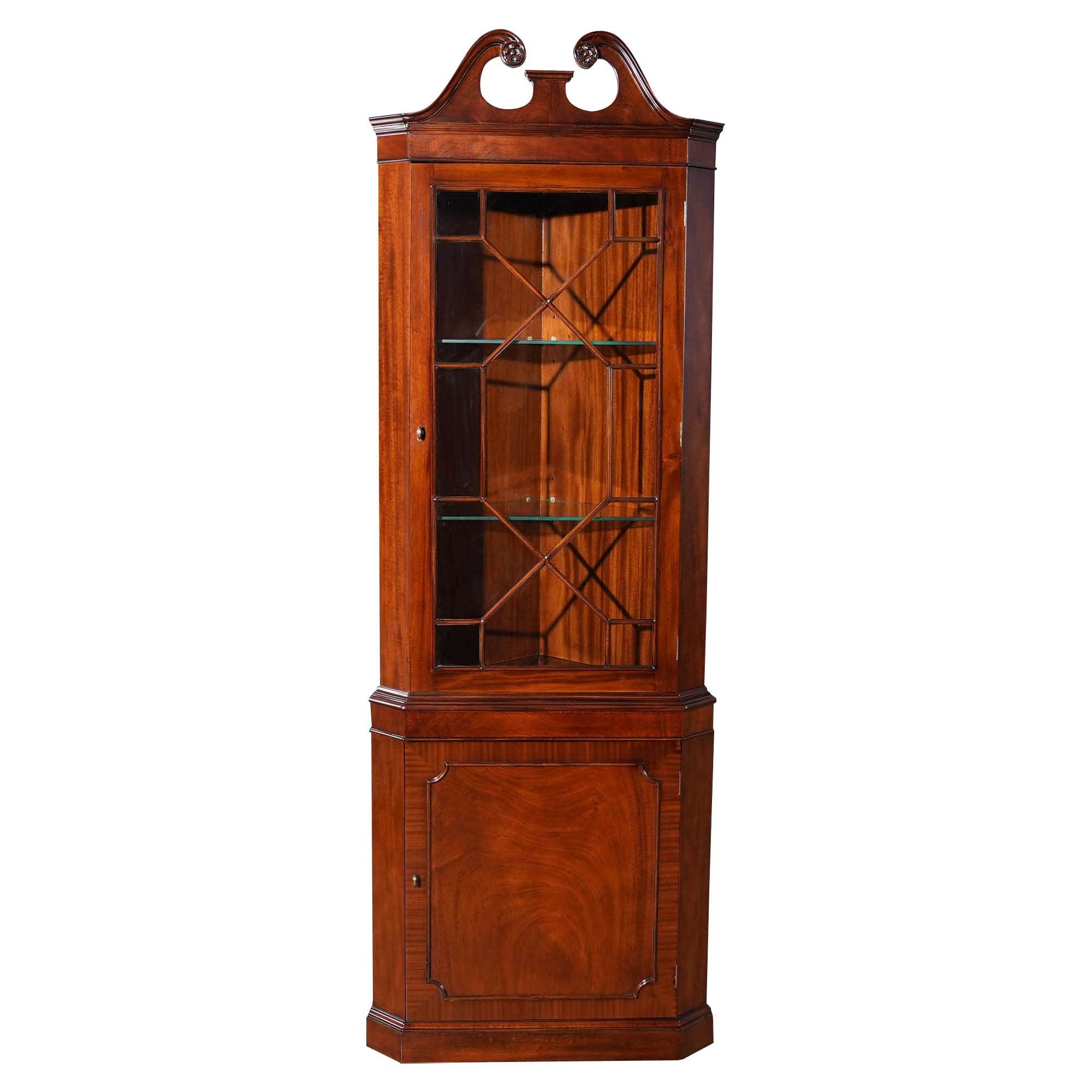Corner Cabinet with Swan Neck Pediment Mahogany Finish