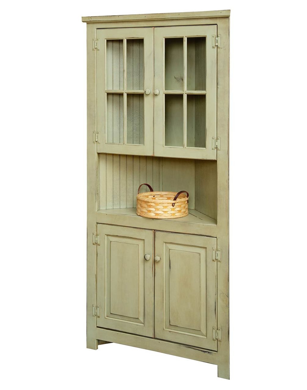 Corner Cupboard in Sage Green with Beadboard Backing
