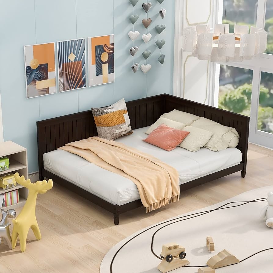 Corner Daybed: L-Shaped Slat Backrest Espresso Wood