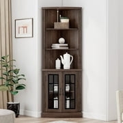 Corner Hutch Espresso Glass Mullion Door Tall Corner Display Shelf