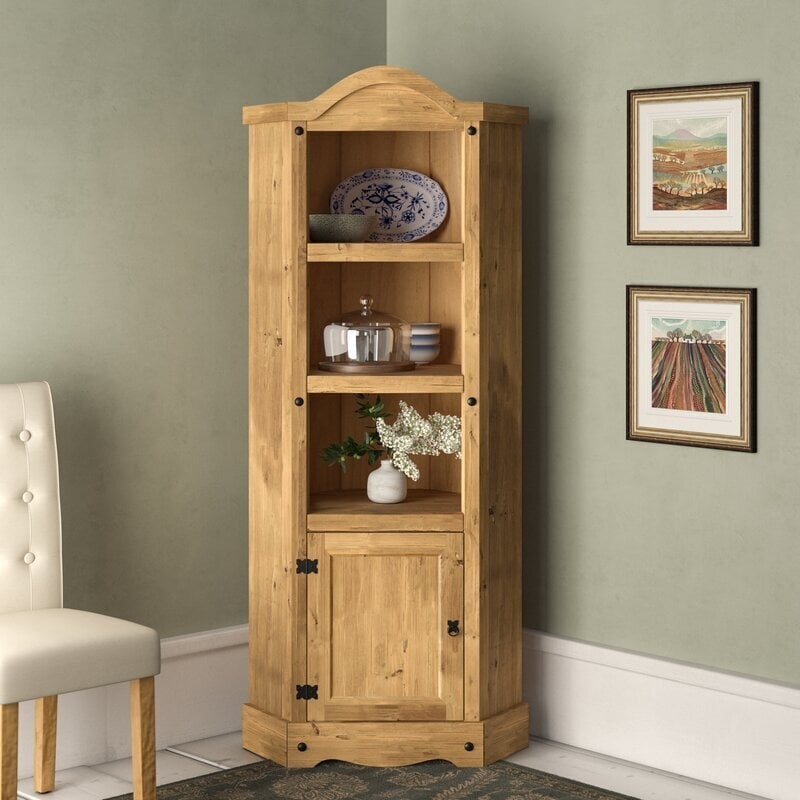 Corner Hutch Honey Wood Scalloped Base Rustic Corner Hutch