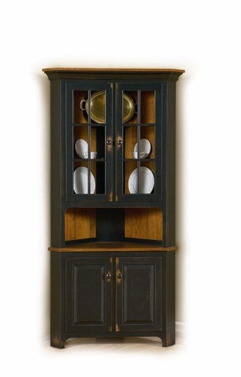 Corner Hutch in Distressed Black with Glass Mullions