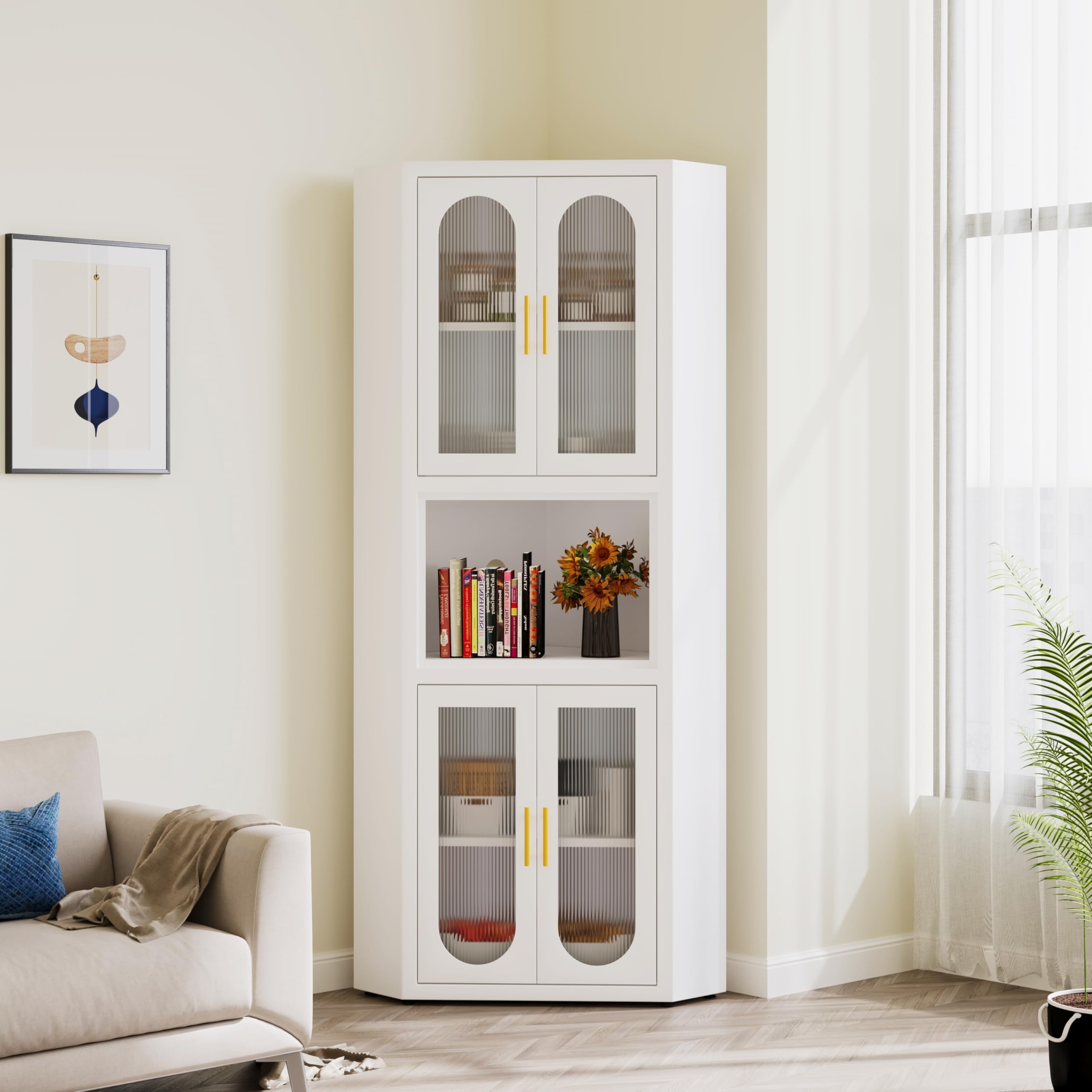 Corner Hutch Matte White Arched Doors Fluted Glass Corner Cabinet
