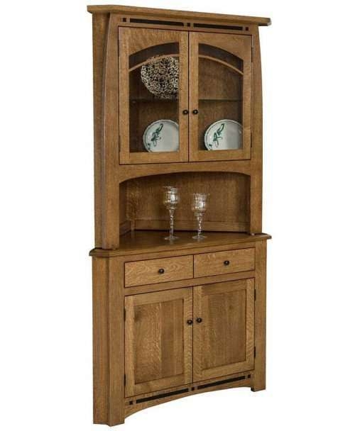 Corner Hutch Medium Brown Arched Glass Doors Solid Wood Hutch