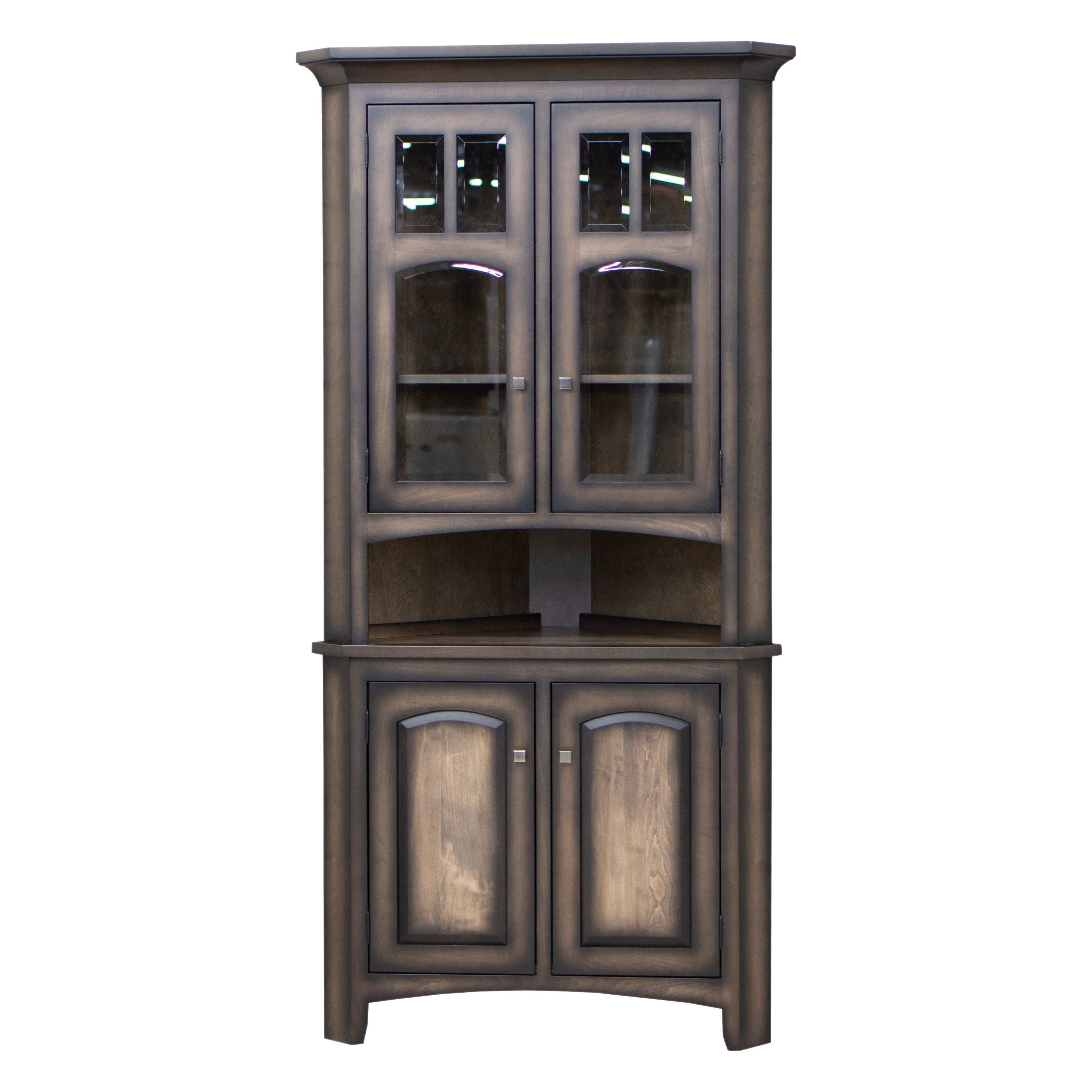 Corner Hutch Sandy Gray Burnished Arched Detailing China Cabinet