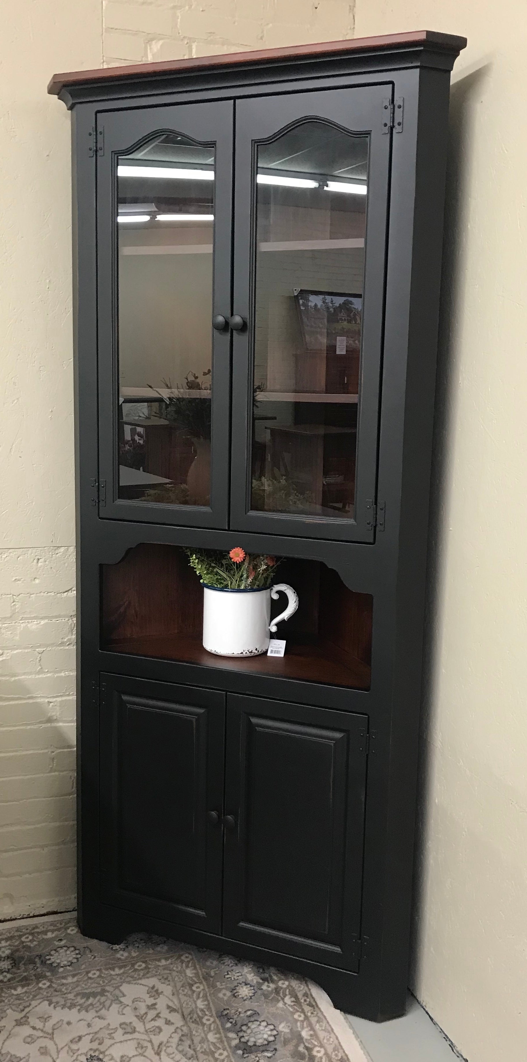 Corner Hutch with Arched Glass Doors and Open Center Nook