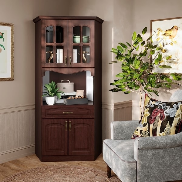 Corner Pantry Traditional Walnut Corner Pantry Hutch With Drawer