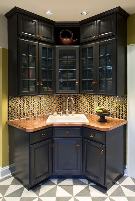 Corner Sink Cabinet Copper Countertop Matte Black Niche