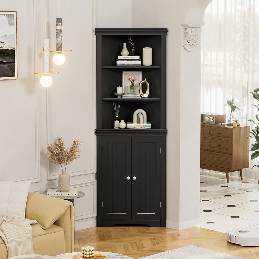 Corner Storage Unit with Matte Black Vertical Paneling