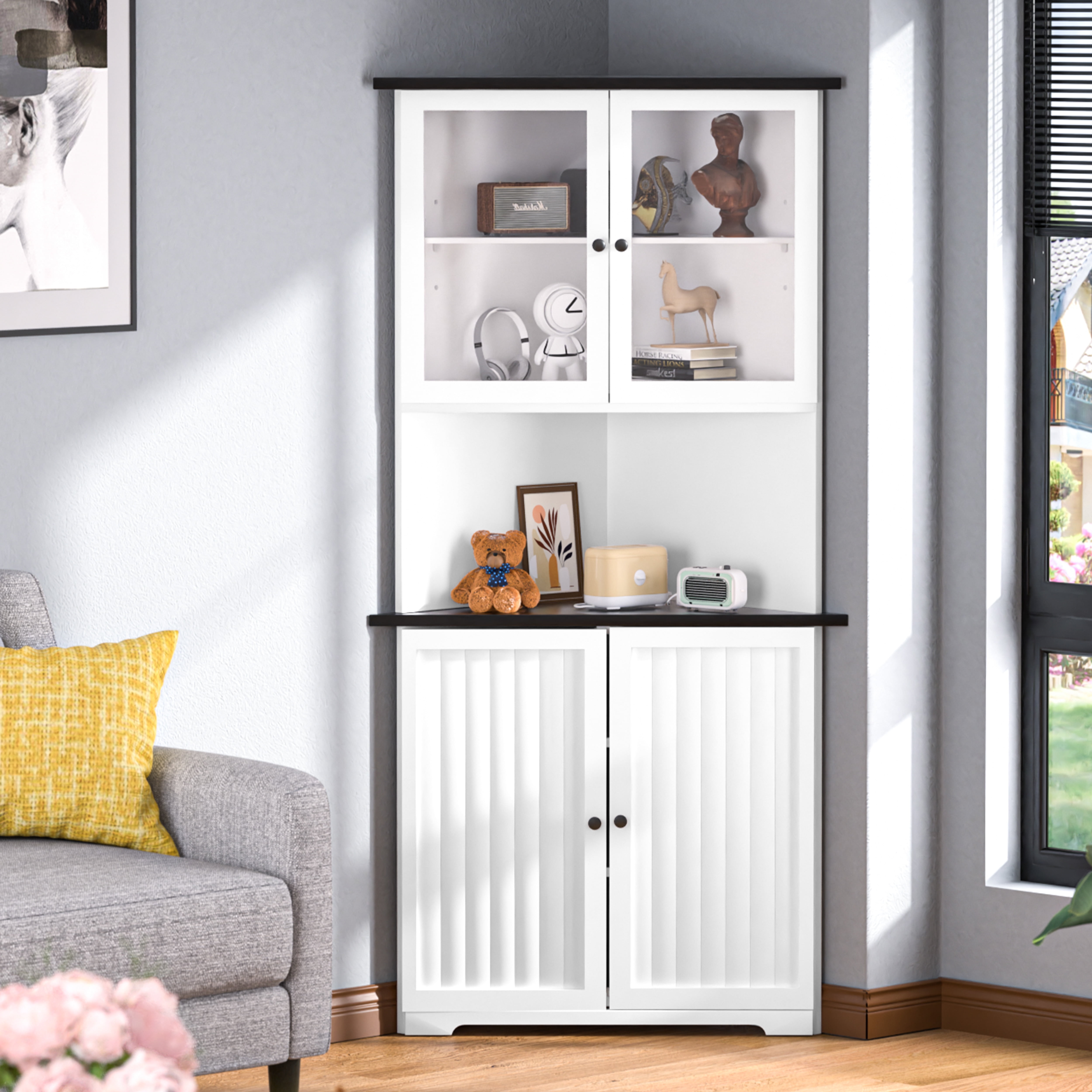 Corner Storage with White Beadboard Detail and Shelves