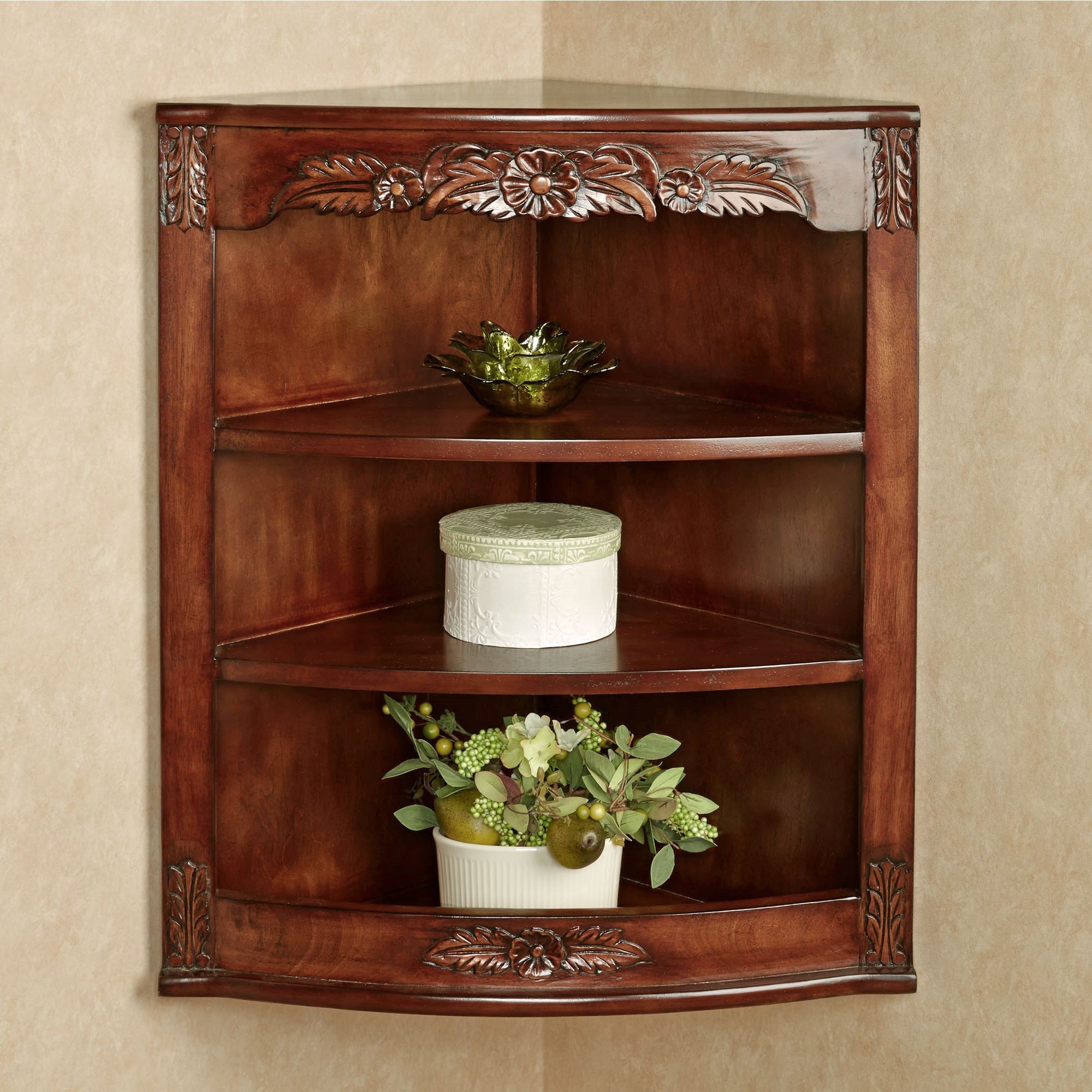 Corner Wall Cabinet with Ornate Floral Carvings in Cherry