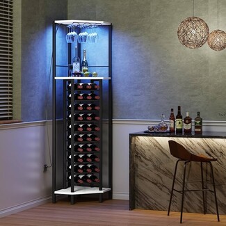 Corner Wine Rack with Blue LED Accents and Industrial Bar Cabinet