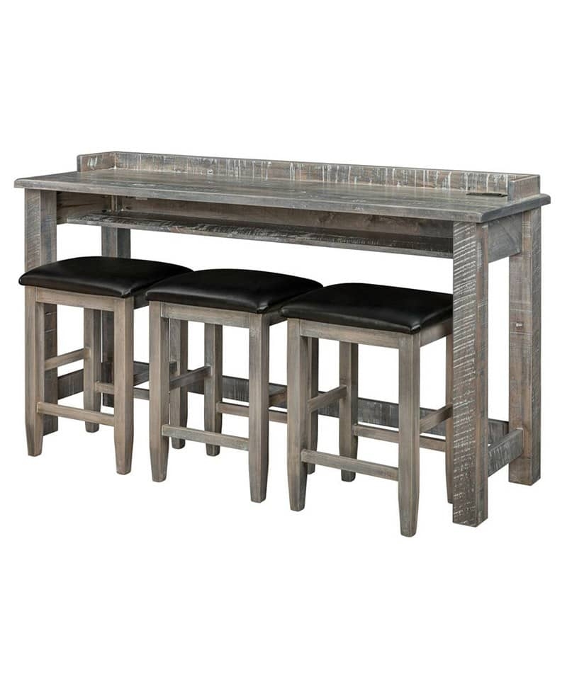 Counter Height Set: Weathered Grey Built In Shelf Rustic Table