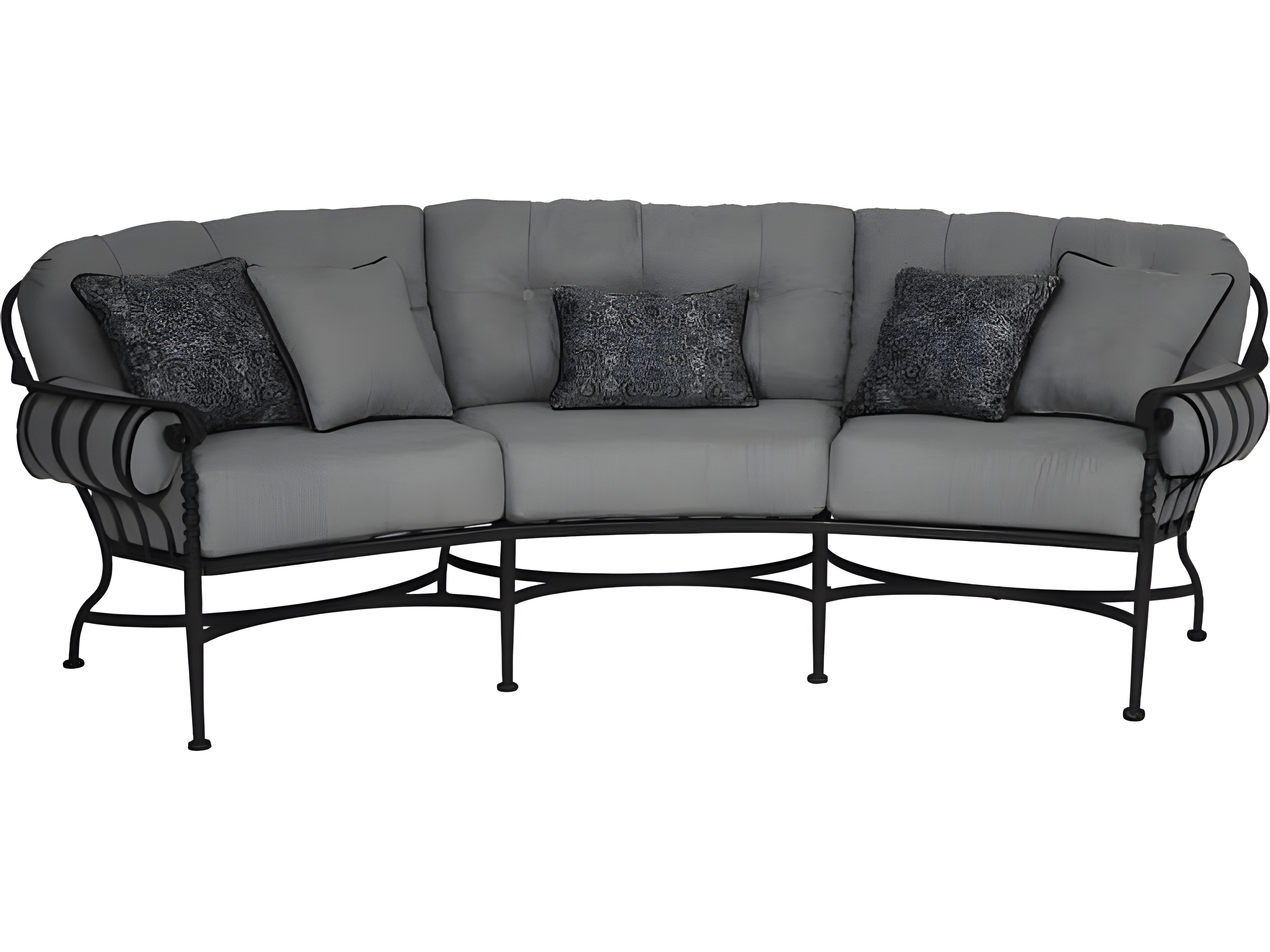 Crescent Sofa featuring Ornate Metal Arms and Grey Outdoor Seat