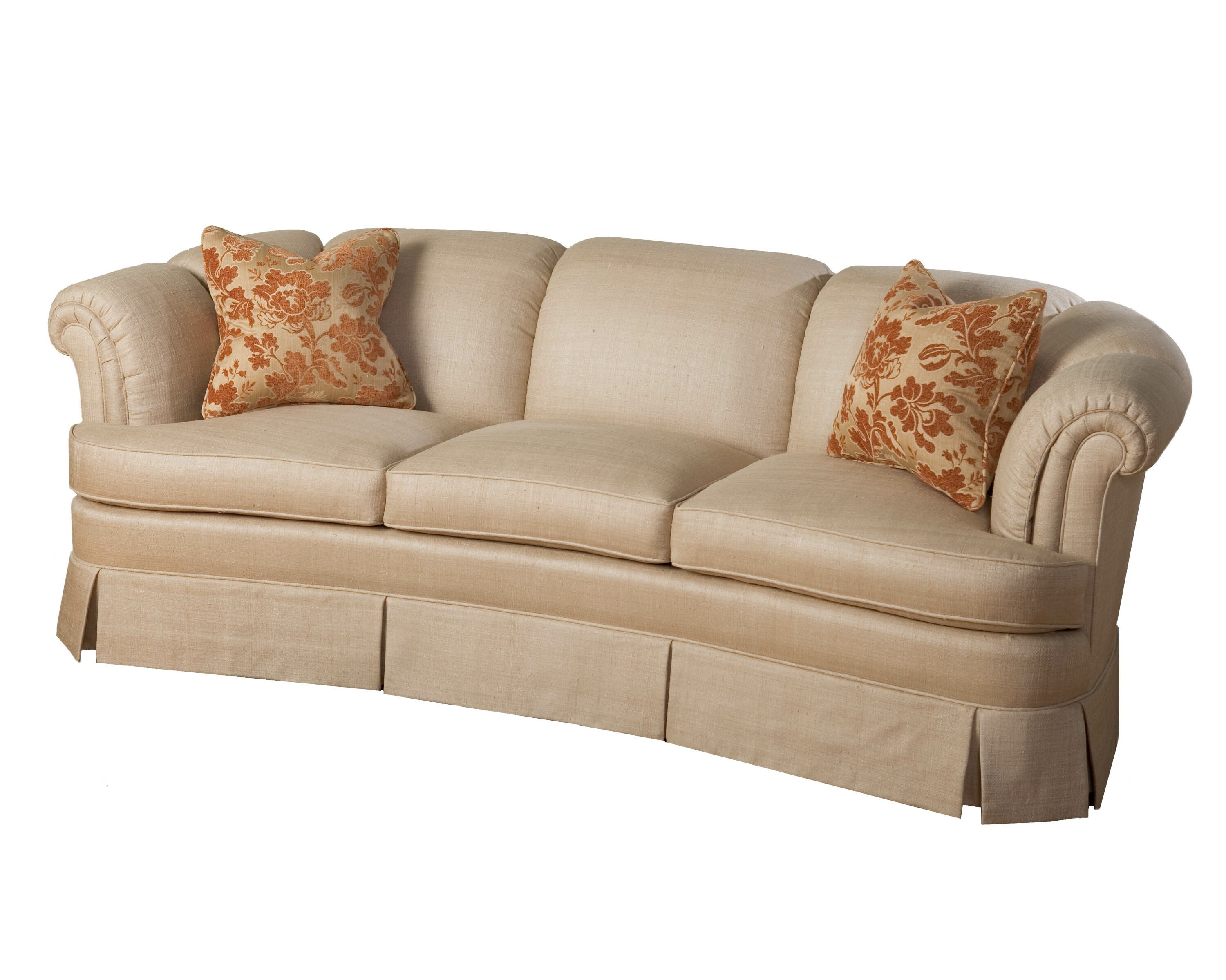 Crescent Sofa with Kick Pleat Skirt and Rolled Arm Traditional Style