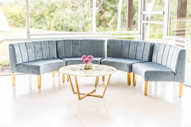 Crescent Sofa with Steel Velvet Upholstery and Gold Tapered Legs