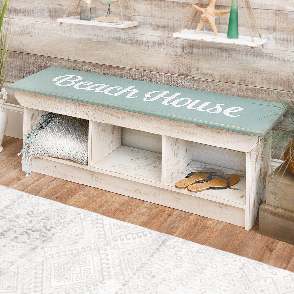 Cubby Bench with Seafoam Blue Top and Three Open Cubbies