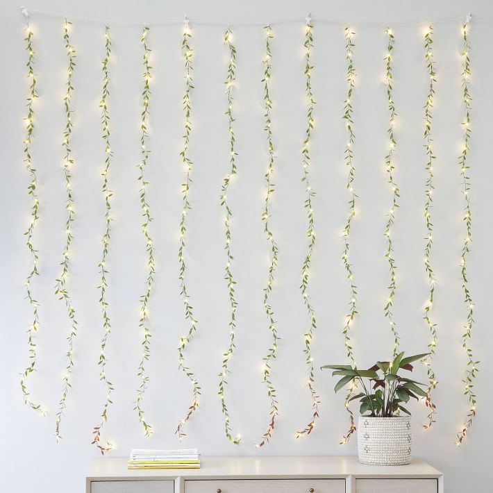 Curtain String Lights Leaf Accents Waterfall Vine