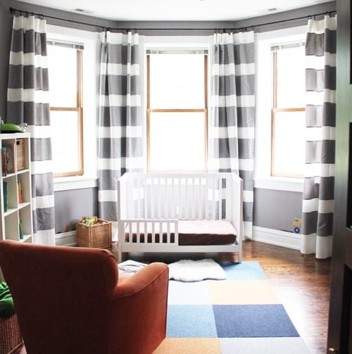 Curtains: Extra Long Gray Stripe Bay Window Nursery Ideas