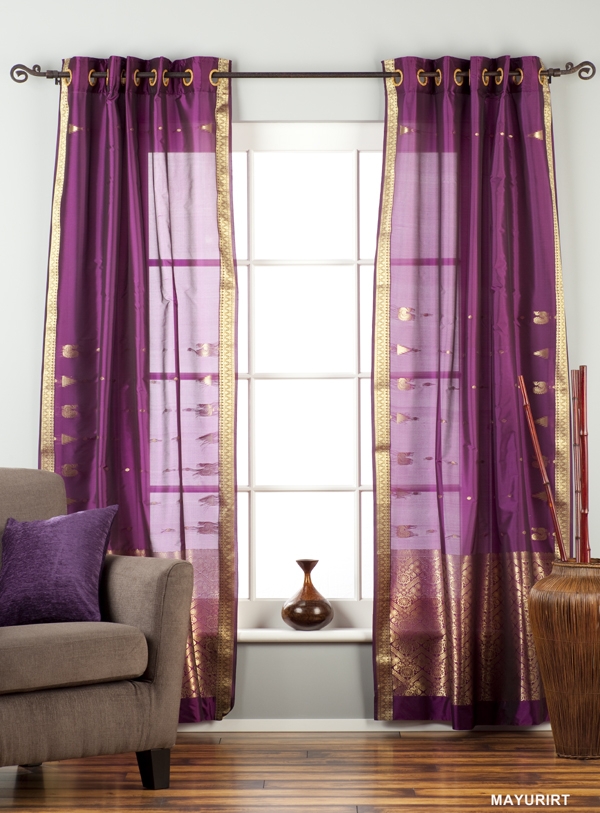 Curtains: Gold Zari Border Plum Sari Window Panels
