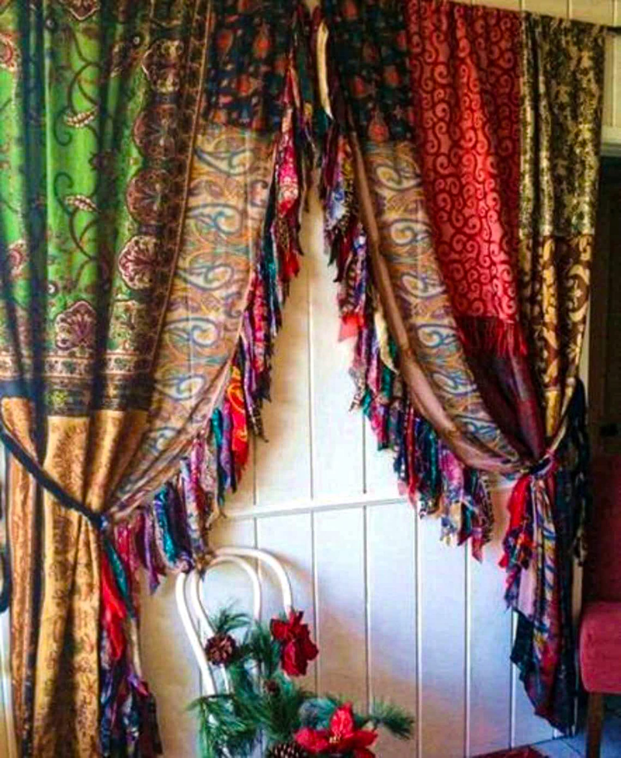 Curtains: Patchwork Design Tasseled Sari Textile Drapes