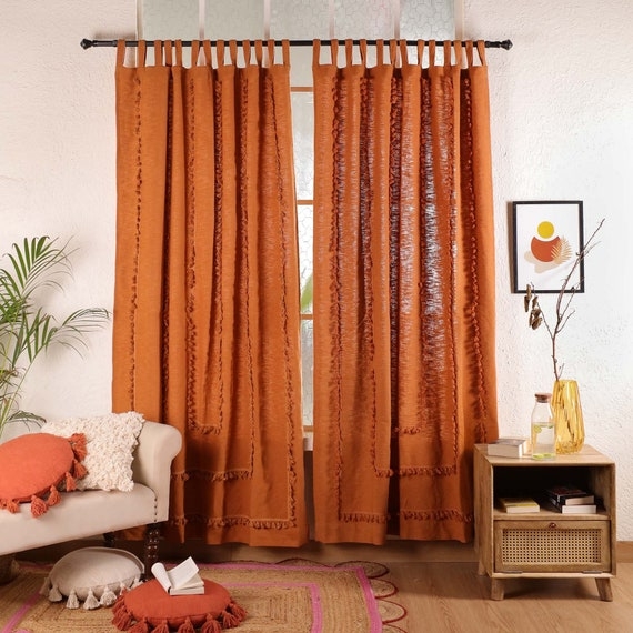 Curtains Terracotta Fringe Trim Boho Tab Top Panels