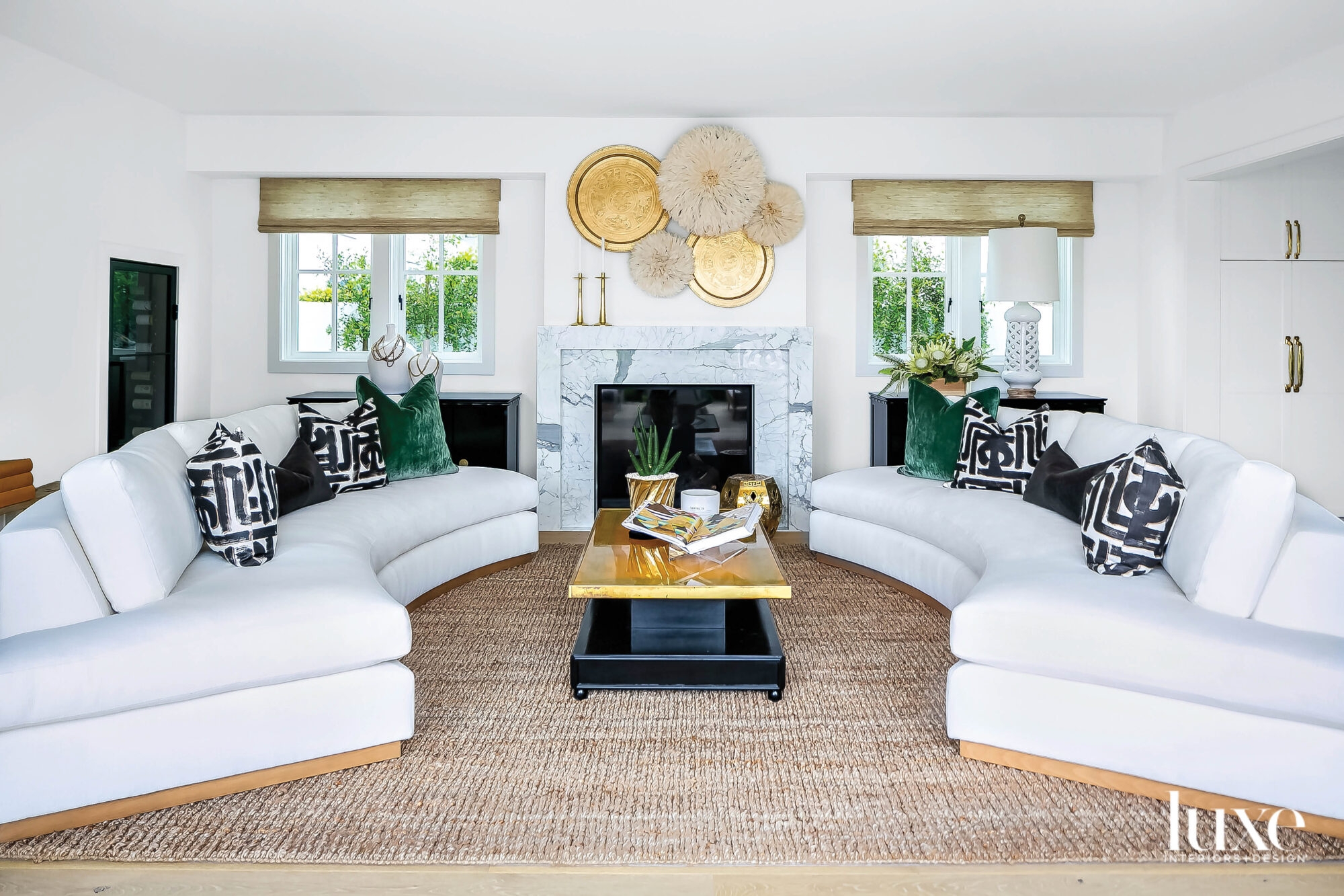 Curved Sectional Gold Coffee Table and modern coastal living room