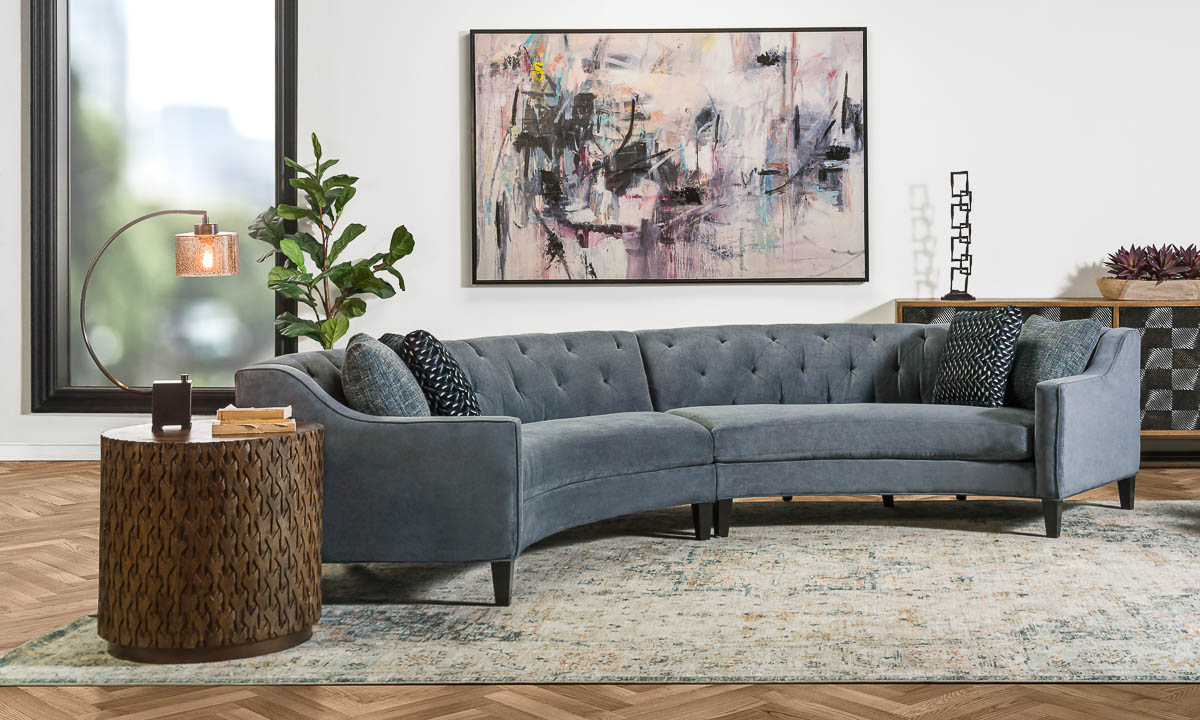 Curved Sectional in Slate Blue with Button Tufted Two-Piece Design
