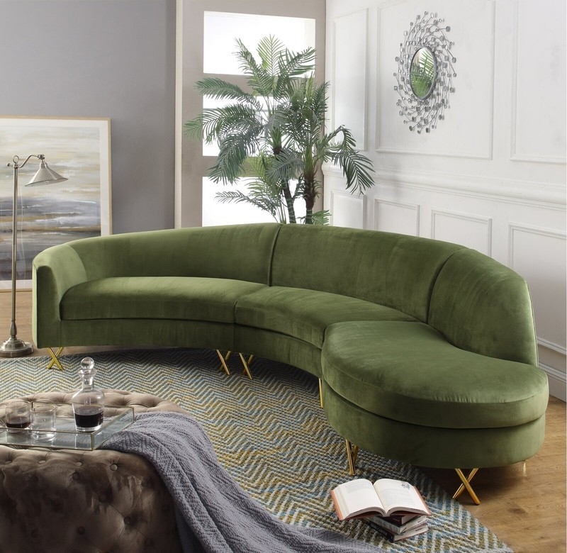 Curved Sectional Luxe Velvet Gold X-Leg Forest Seating
